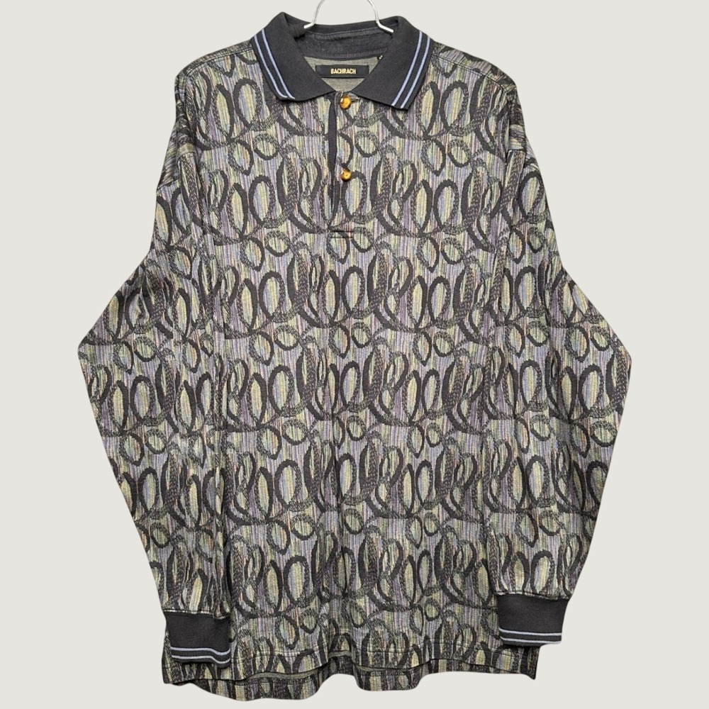 Bachrach Mens Long Sleeve Polo Shirt Geometric Pattern Button Neck Casual Top L